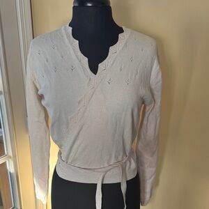 Laura Ashley VTG Romatic Cottagecore Cream V-Neck Pointelle knit Wrap Sweater